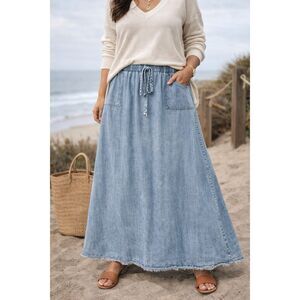Jay Basics Size XL Chambray Maxi Skirt Blue Drawstring Elastic Waist Modest